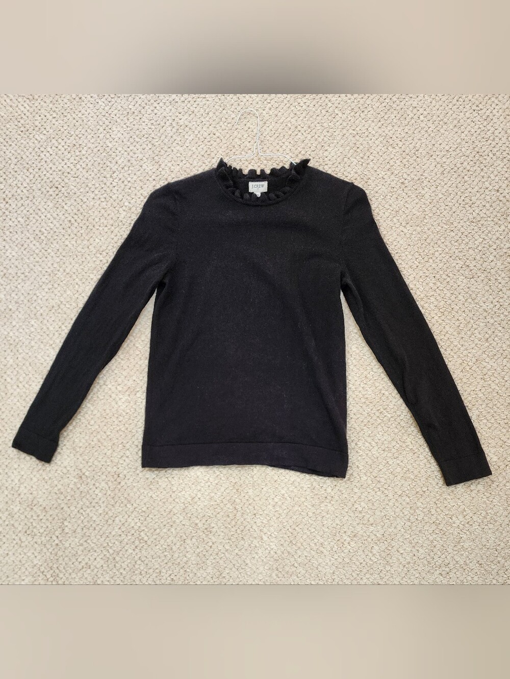 J. Crew Black Ruffle-Trim Crewneck Long Sleeve Cotton Sweater Sz S
